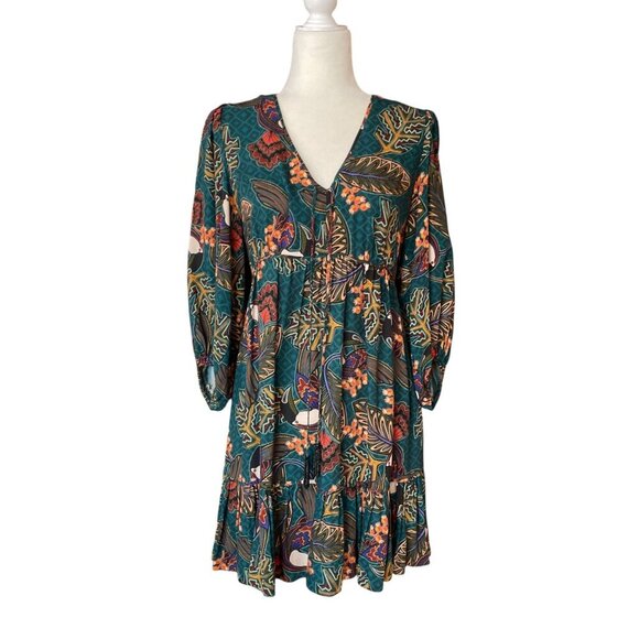 FARM Rio Dresses & Skirts - ANTHROPOLOGIE FARM RIO Ariyah Tiered V-Neck Botanical Mini Dress, Green Floral S